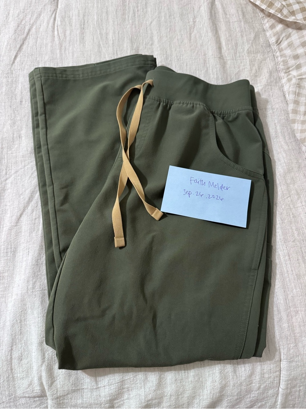 Figs Straight Leg Pants in Olive Green with Tan Drawstring